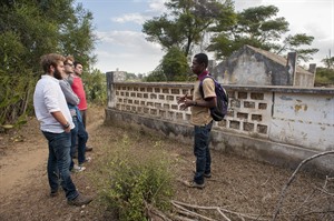 Guide with guests at an Antandroy tomb, Ifotaka
