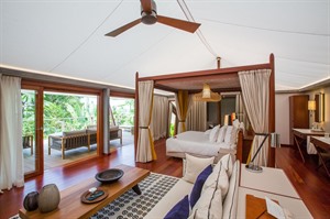 Tented villa interior, Sundy Praia - style in paradise