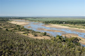 Aerial view of Mandrare River with spiny bush on front bank