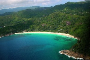 Aerial of Intendance Bay beach, location for Banyan Tree, Mahe